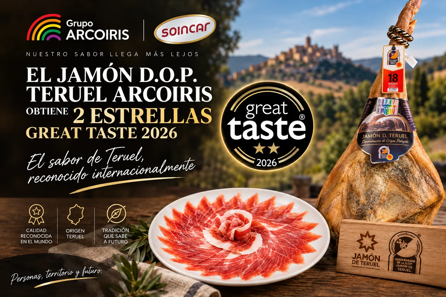 El JAMÓN D.O TERUEL ARCOIRIS obtiene el prestigioso galardón de 2 estrellas Great Taste en 2026
